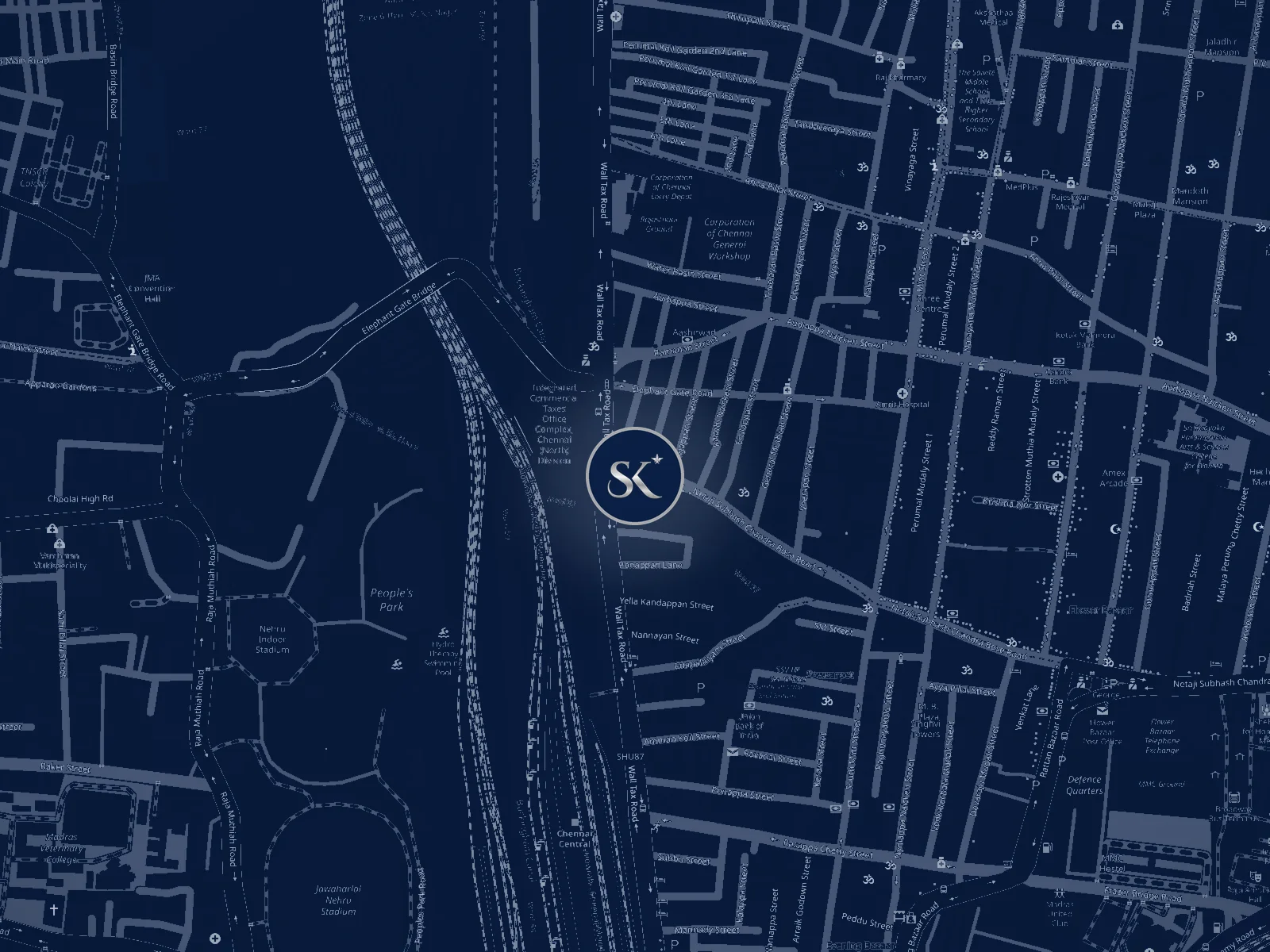 Map of Sowcarpet, Chennai, with the SK Silver Kraft showroom at the centre, on NSC Bose Road next to Patni Plaza