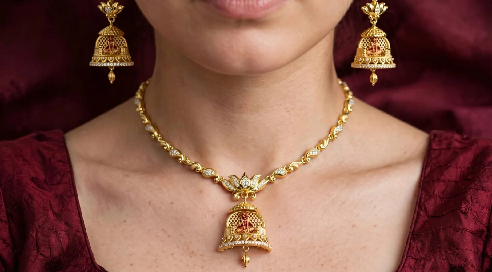 Gold-plated Lotus Bell Lakshmi Necklace