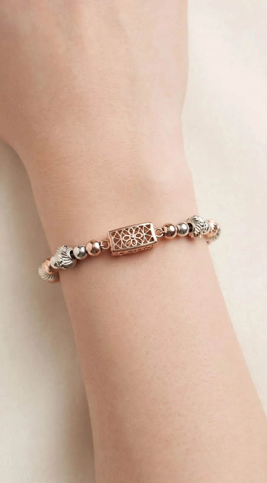 Two-Tone Flower Filigree Box Bracelet