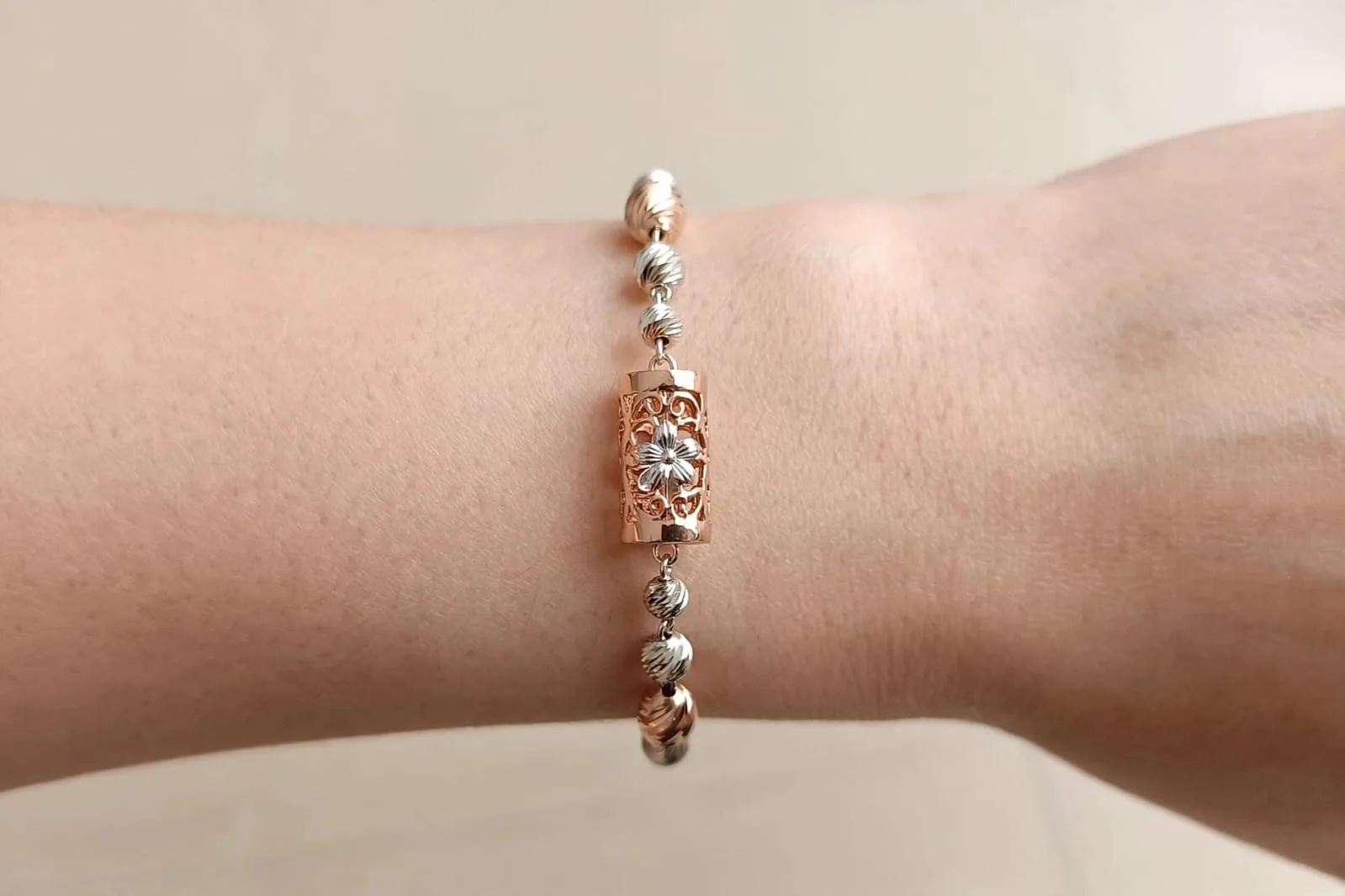 Two-Tone Flower Filigree Barrel Bracelet