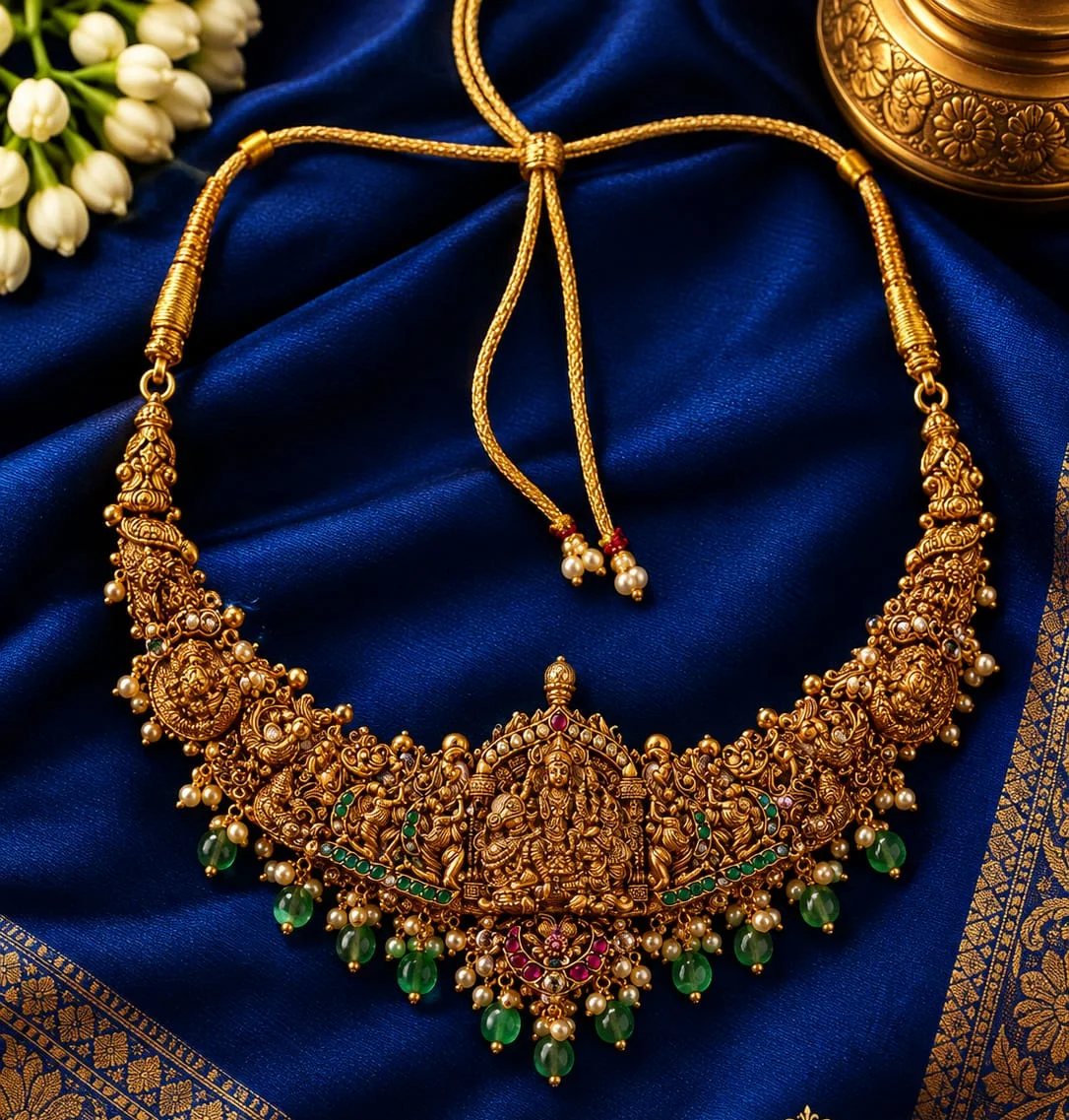 Gold-plated Green Bead Lakshmi Necklace