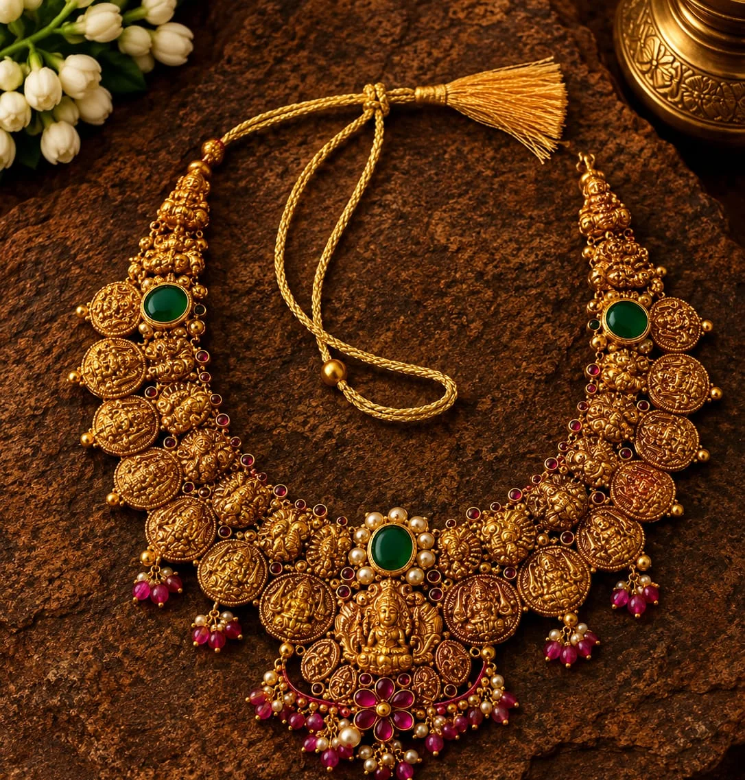 Gold-plated Ruby Drop Lakshmi Necklace