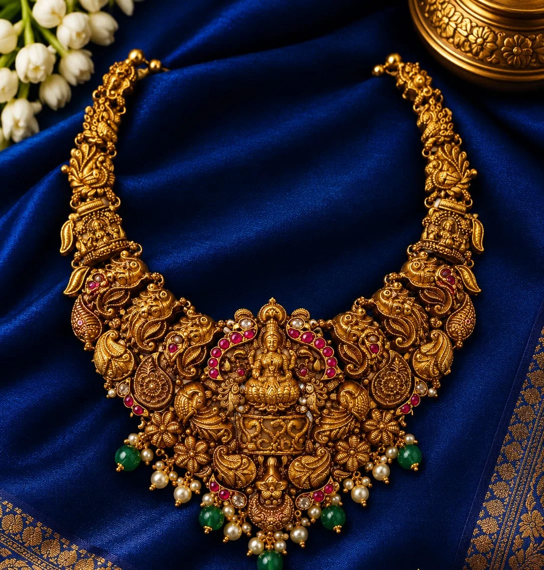 Gold-plated Pink Stone Lakshmi Necklace