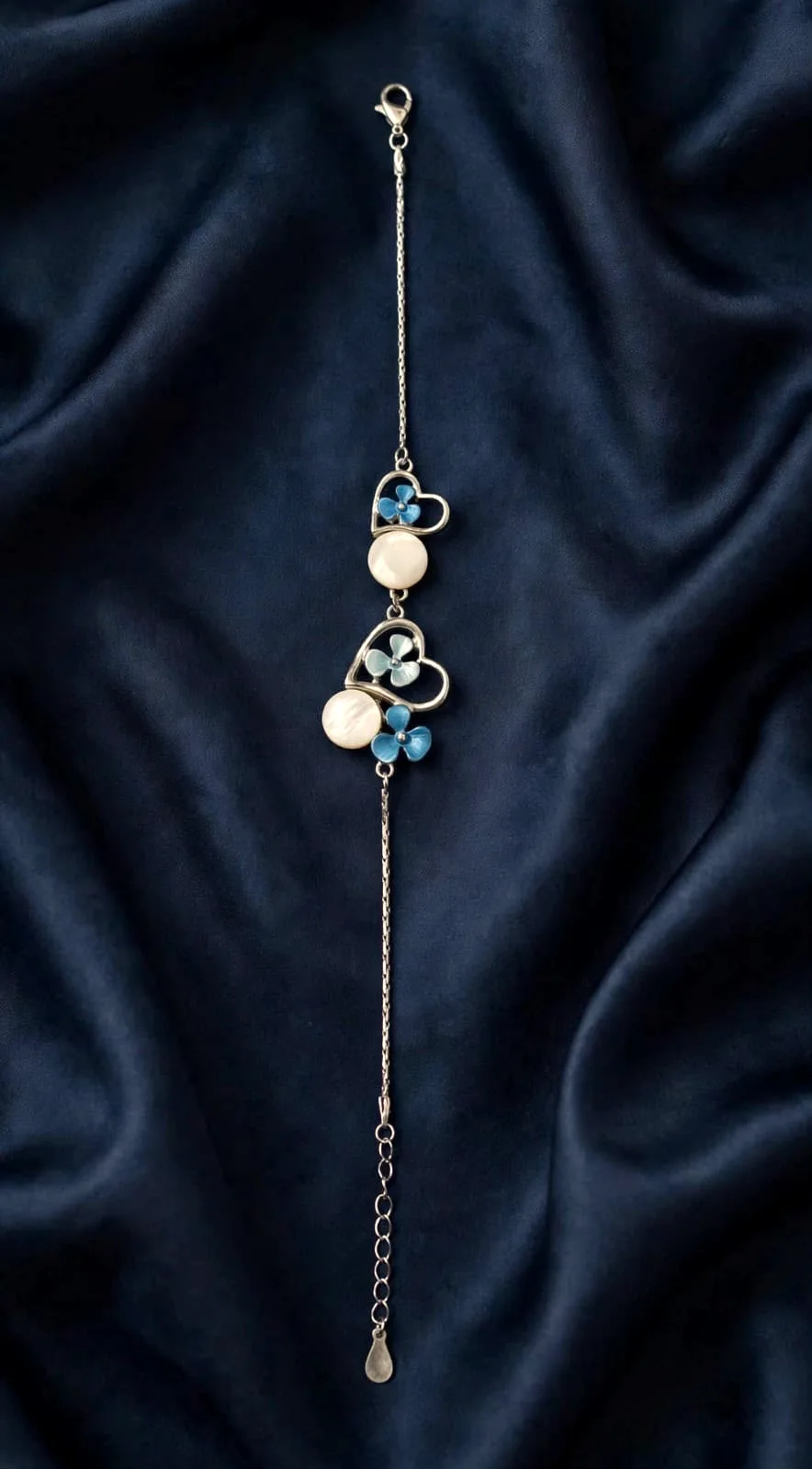 Blue Flower & Pearl Heart Bracelet