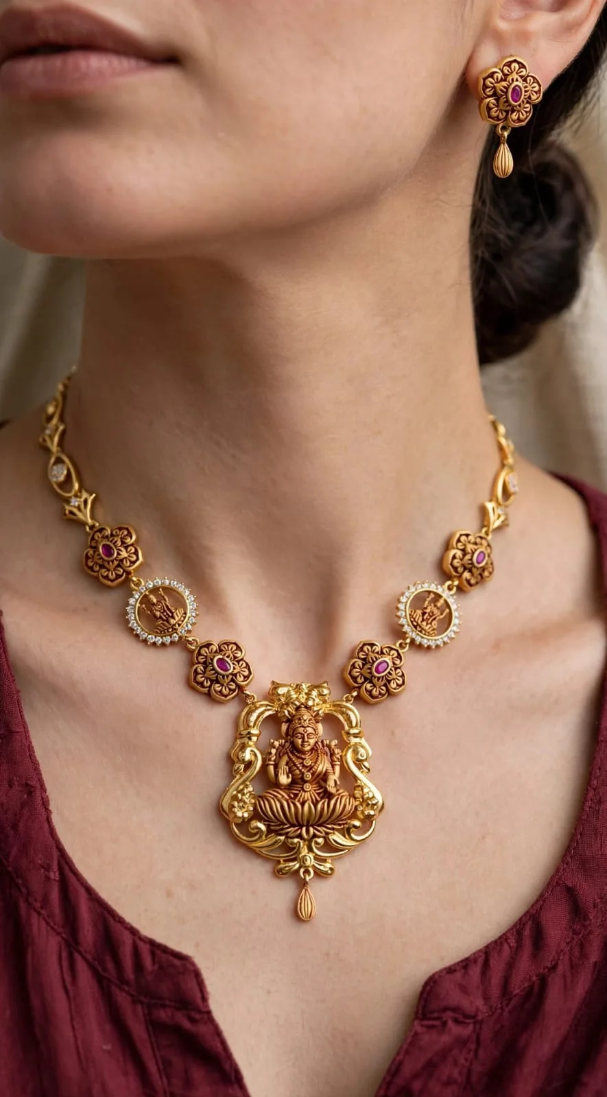 Gold-plated Ruby Flower Lakshmi Necklace