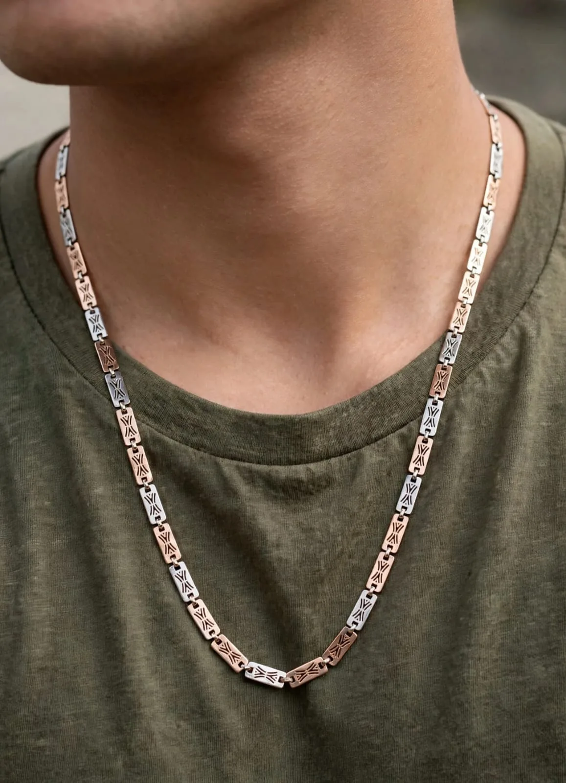 Men's Two-Tone Engraved Bar Chain